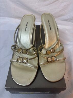 Valerie Stevens Gold Jeweled Strappy Slide Mules